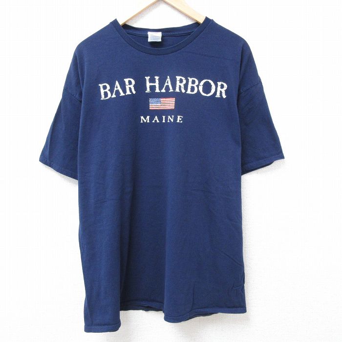 XL★古着 半袖 Tシャツ メンズ バーハーバー 星条旗 大きいサイズ コットン クルーネック 紺 ネイビー 24jul04 中古