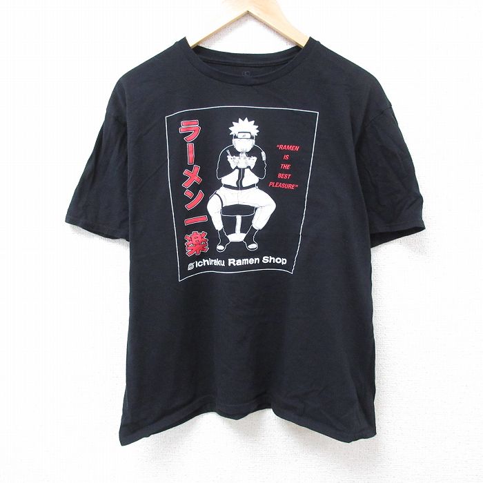 XL★古着 半袖 Tシャツ メンズ アニメ NARUTO ナルト疾風伝 大きいサイズ コットン クルーネック 黒 ブラック 24jul04 中古