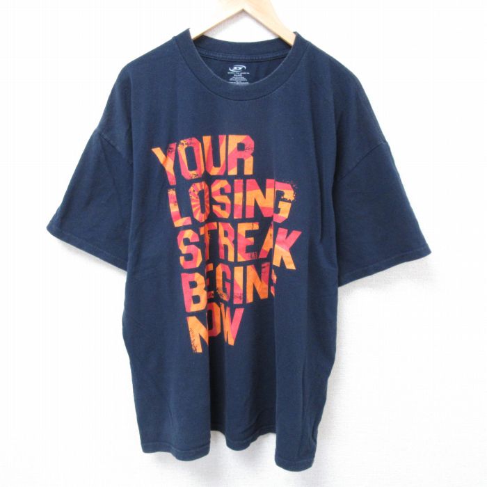XL★古着 半袖 Tシャツ メンズ STREAK 大きいサイズ コットン クルーネック 紺 ネイビー 24jul05 中古