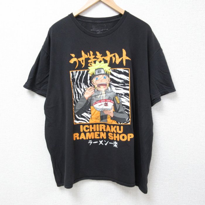 【50%OFF】XL★古着 半袖 Tシャツ メンズ アニメ NARUTO ナルト疾風伝 大きいサイズ コットン クルーネック 黒 ブラック 24jul09 中古