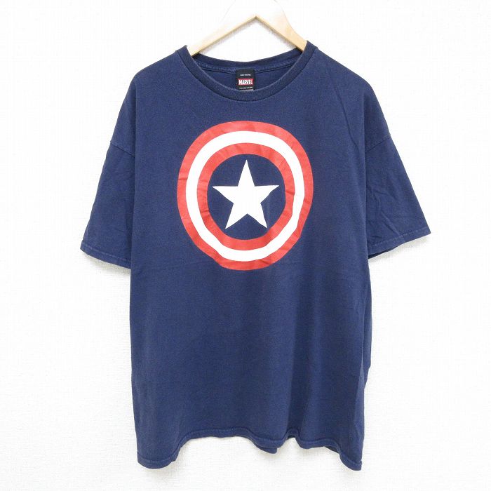 【50%OFF】XL★古着 半袖 Tシャツ メンズ マーベル キャプテンアメリカ 大きいサイズ コットン クルーネック 紺 ネイビー 24aug02 中古