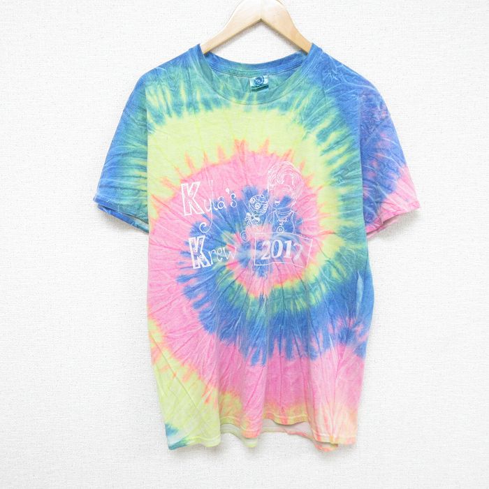 L★古着 半袖 Tシャツ メンズ 女性 コットン クルーネック 黄他 イエロー タイダイ 24aug02 中古