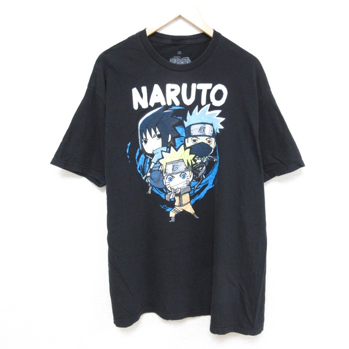 XL★古着 半袖 Tシャツ メンズ アニメ NARUTO ナルト疾風伝 はたけカカシ 大きいサイズ コットン クルーネック 黒 ブラック 24aug09 中古