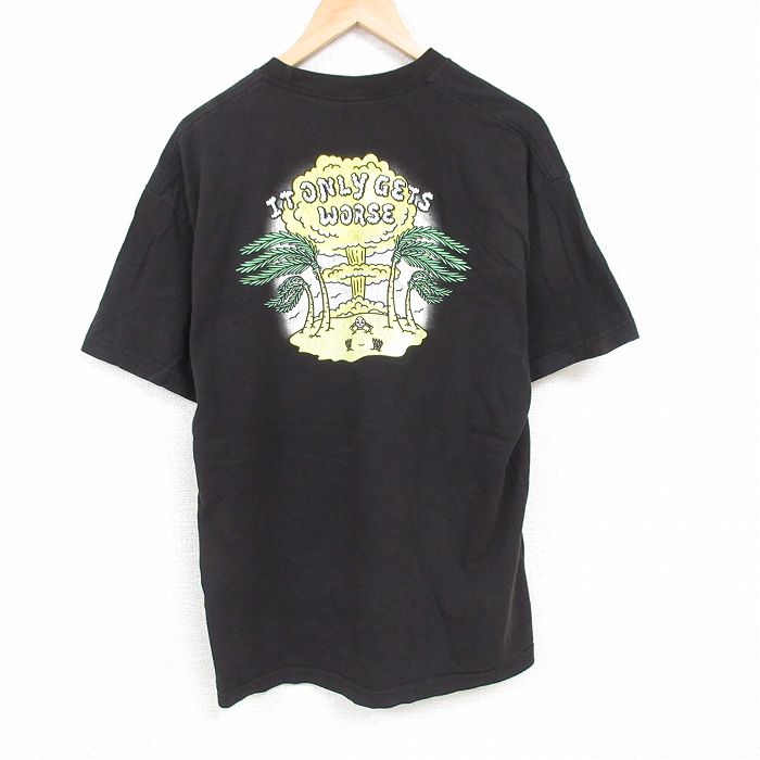 XL★古着 半袖 Tシャツ メンズ キノコ雲 スケルトン ピースマーク 大きいサイズ コットン クルーネック 黒 ブラック 24aug10 中古