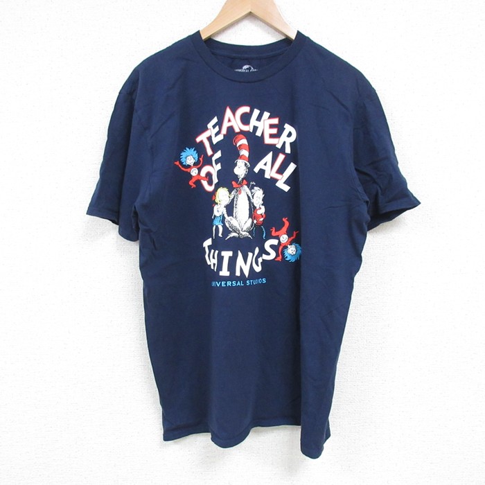 L★古着 半袖 Tシャツ メンズ ユニバーサルスタジオ ドクタースース キャットインザハット コットン クルーネック 紺 ネイビー 25apr19 中古