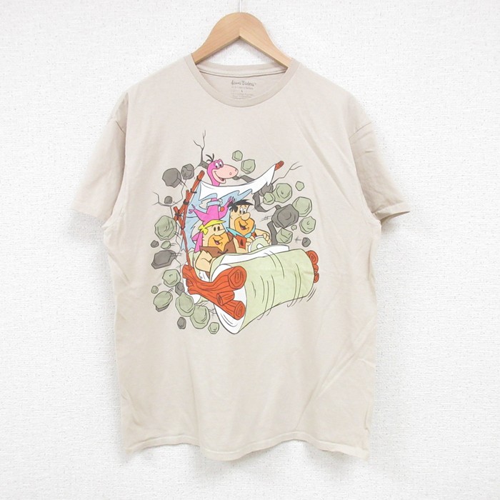 L★古着 半袖 Tシャツ メンズ 原始家族 フリンストーン 両面プリント コットン クルーネック ベージュ カーキ 25apr19 中古