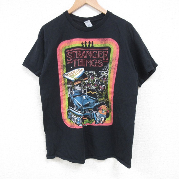 L★古着 半袖 Tシャツ メンズ ドラマ ストレンジャーシングス コットン クルーネック 黒 ブラック 25apr19 中古