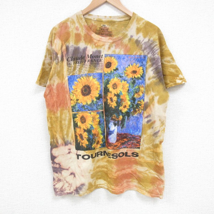 L★古着 半袖 Tシャツ メンズ 画家 クロードモネ ひまわり コットン クルーネック 黄他 イエロー タイダイ 25apr19 中古