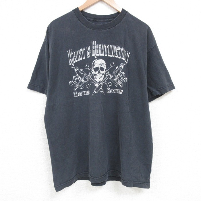 XL★古着 半袖 Tシャツ メンズ スカル タトゥー コットン クルーネック 黒 ブラック 25apr19 中古