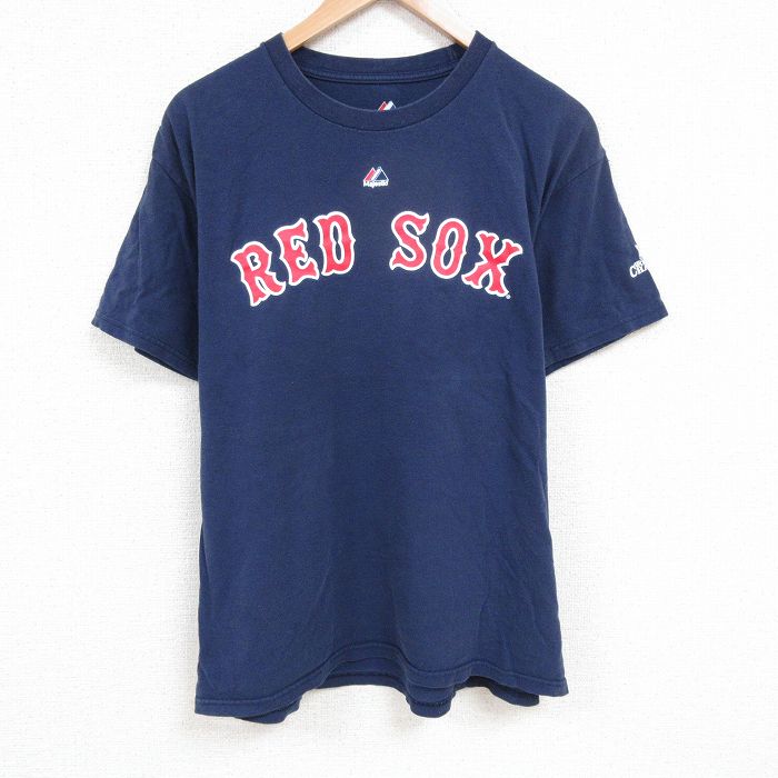 XL★古着 マジェスティック 半袖 Tシャツ メンズ MLB ボストンレッドソックス デビッドオルティーズ 34 コットン クルーネック 紺 ネイビー メジャーリーグ ベースボール 野球 25apr23 中古