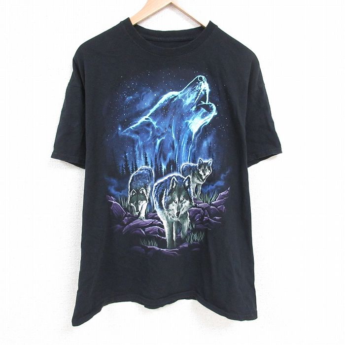 【50%OFF】XL★古着 半袖 Tシャツ メンズ オオカミ 大きいサイズ コットン クルーネック 黒 ブラック 25apr23 中古
