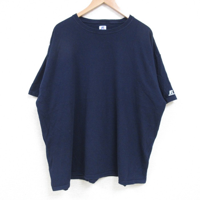 XL★古着 ラッセル 半袖 Tシャツ メンズ 無地 大きいサイズ クルーネック 紺 ネイビー 【spe】 25apr24 中古