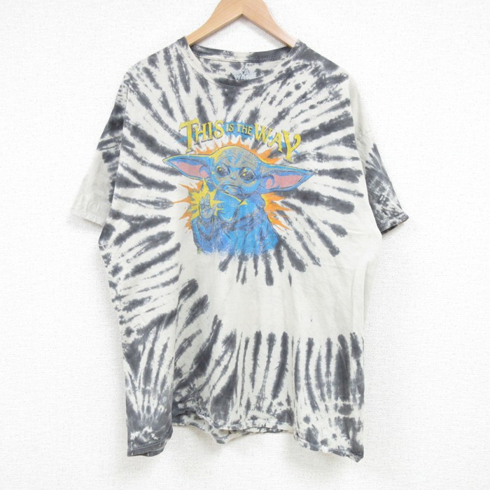 XL★古着 半袖 Tシャツ メンズ スターウォーズ STAR WARS ベビーヨーダ コットン クルーネック 黒他 ブラック タイダイ 25apr24 中古