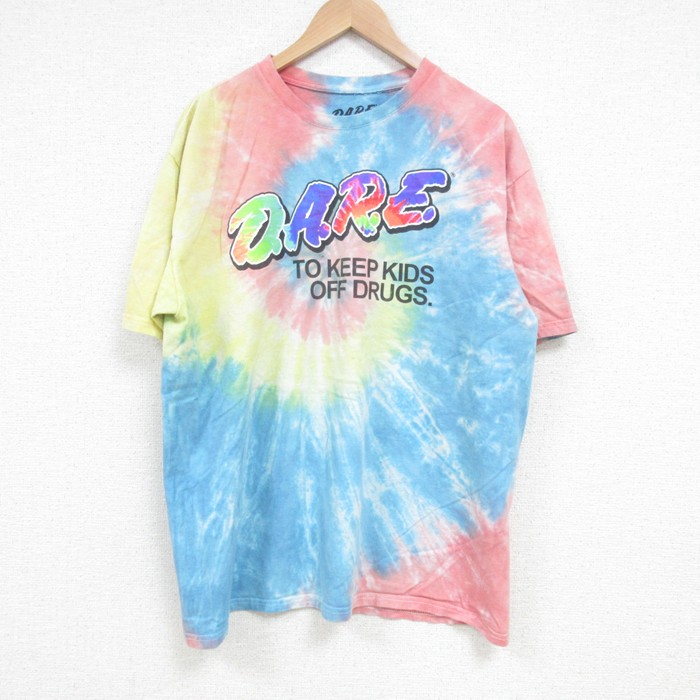 L★古着 半袖 Tシャツ メンズ DARE コットン クルーネック 水色他 タイダイ 25apr24 中古