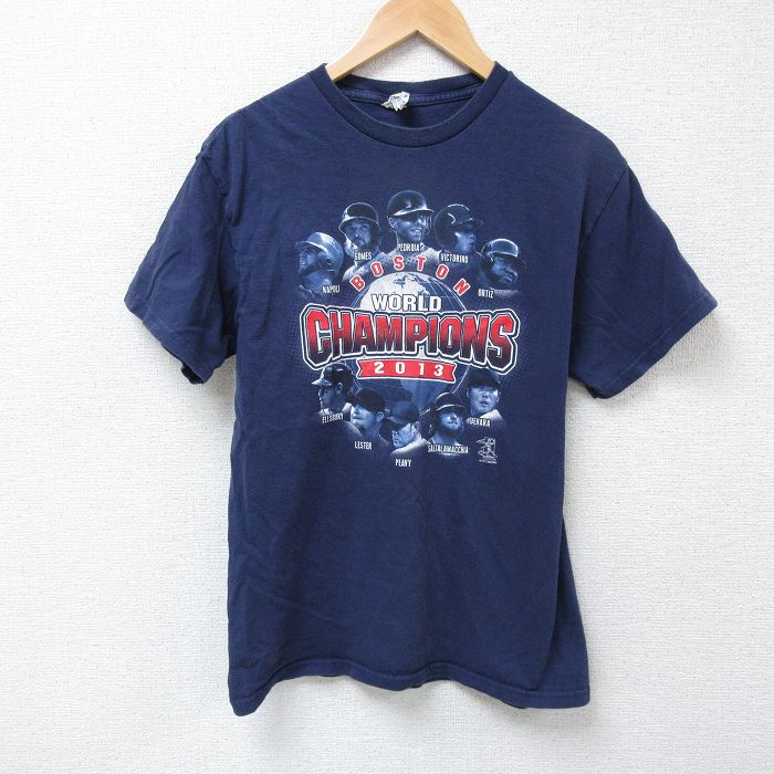 M★古着 半袖 Tシャツ メンズ MLB ボストンレッドソックス 上原浩治 コットン クルーネック 紺 ネイビー メジャーリーグ ベースボール 野球 【spe】 25apr25 中古