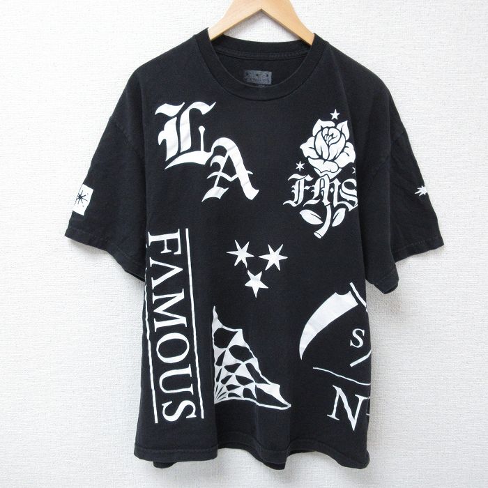 【50%OFF】XL★古着 半袖 Tシャツ メンズ FAMOUS LA クルーネック 黒 ブラック 25apr25 中古