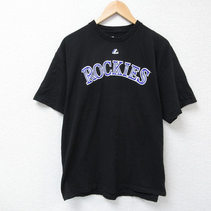 L★古着 マジェスティック 半袖 Tシャツ メンズ MLB コロラドロッキーズ コットン クルーネック 黒 ブラック メジャーリーグ ベースボール 野球 25apr25 中古