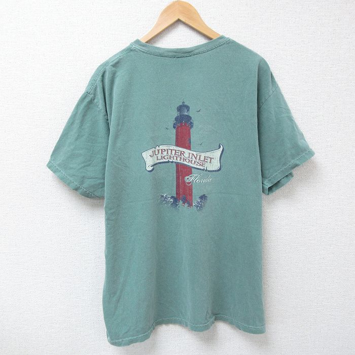 XL★古着 半袖 Tシャツ メンズ 灯台 コットン クルーネック 薄緑 グリーン 25apr25 中古