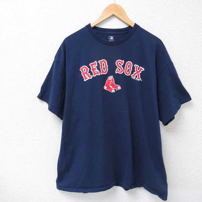 XL★古着 半袖 Tシャツ メンズ MLB ボストンレッドソックス 大きいサイズ コットン クルーネック 紺 ネイビー メジャーリーグ ベースボール 野球 25apr25 中古
