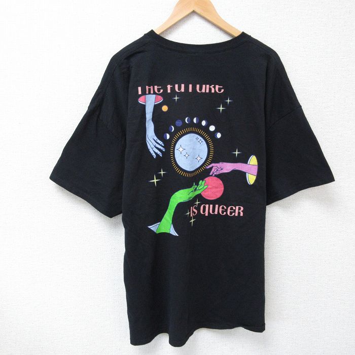 XL★古着 半袖 Tシャツ メンズ 手 queer 大きいサイズ コットン クルーネック 黒 ブラック 25apr25 中古