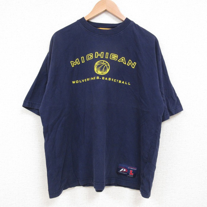 XL★古着 半袖 Tシャツ メンズ ミシガン コットン クルーネック 紺 ネイビー 25jun04 中古