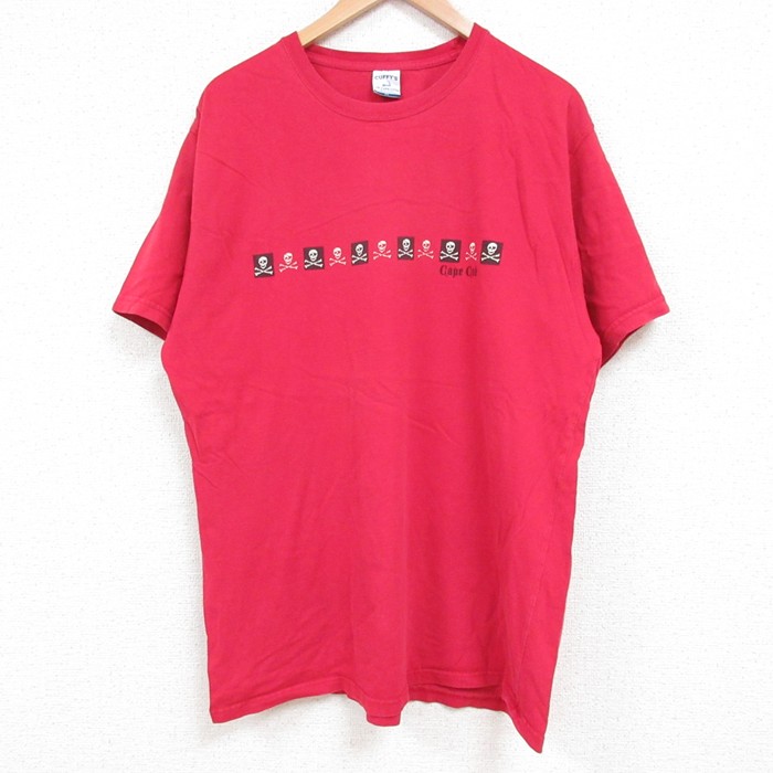 【20%OFF】L★古着 半袖 Tシャツ メンズ スカル コットン クルーネック 赤 レッド 25jun04 中古