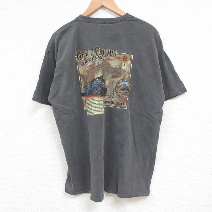 XL★古着 半袖 Tシャツ メンズ 汽車 クルーネック 濃グレー 25jun04 中古