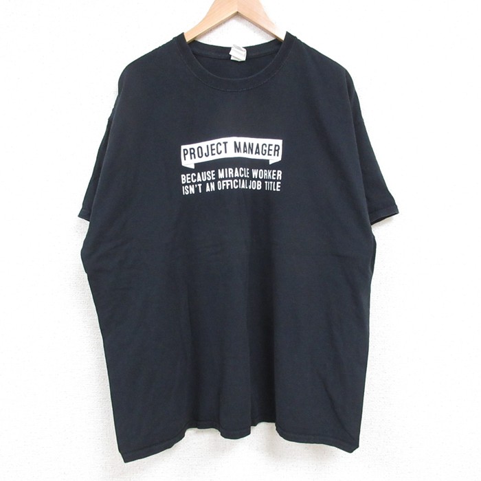 XL★古着 半袖 Tシャツ メンズ プロジェクトマネージャー 大きいサイズ コットン クルーネック 黒 ブラック 25jun04 中古