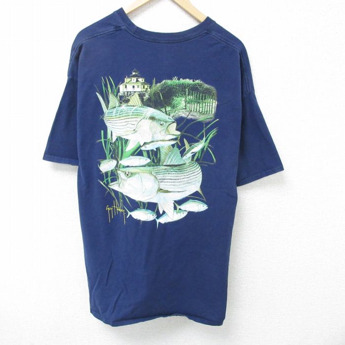 【50%OFF】XL★古着 半袖 Tシャツ メンズ 大きいサイズ コットン クルーネック 紺 ネイビー 25jun05 中古