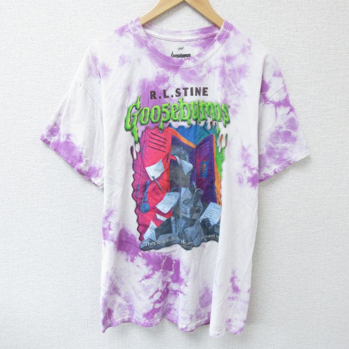 XL★古着 半袖 Tシャツ メンズ グースパンプス コットン クルーネック 薄紫他 パープル タイダイ 25jun05 中古