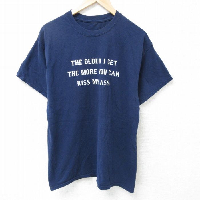 L★古着 半袖 Tシャツ メンズ メッセージ クルーネック 紺 ネイビー 25jun05 中古