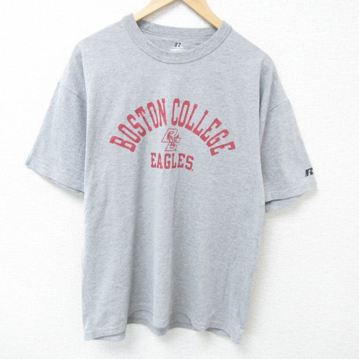 XL★古着 ラッセル 半袖 Tシャツ メンズ ボストン カレッジ クルーネック グレー 霜降り 25jun05 中古