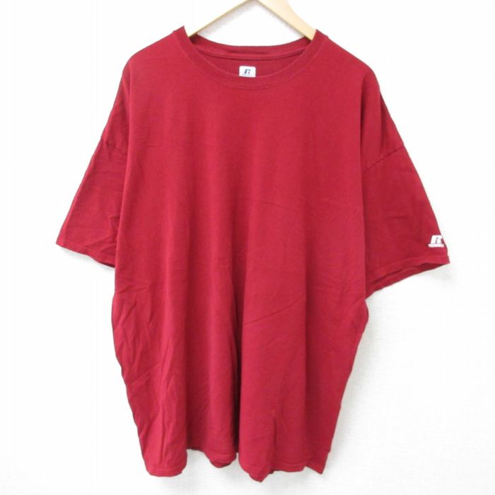 【50%OFF】XL★古着 ラッセル 半袖 Tシャツ メンズ ワンポイントロゴ 大きいサイズ コットン クルーネック 赤 レッド 25jun05 中古