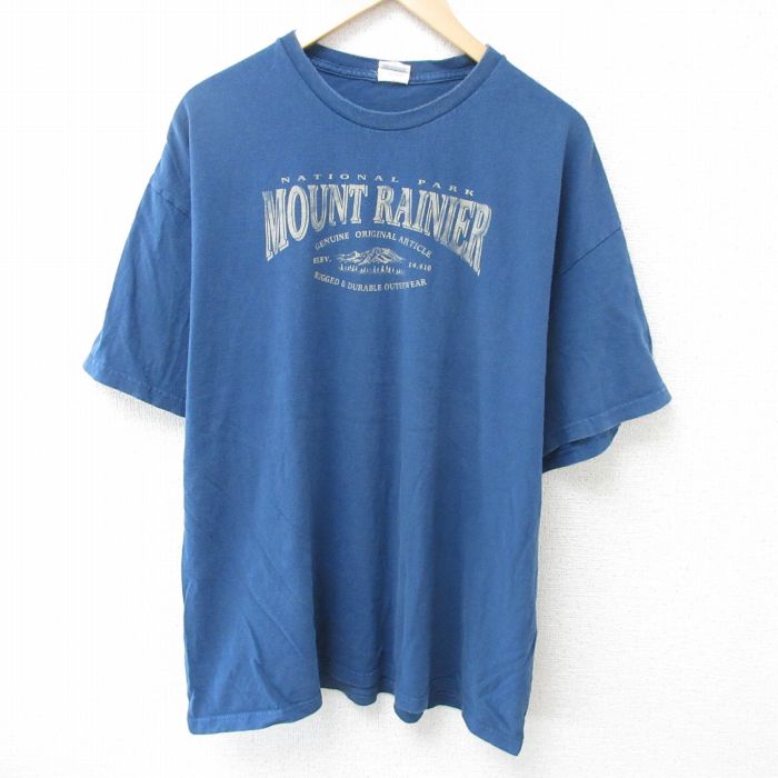 XL★古着 半袖 Tシャツ メンズ レーニア山 大きいサイズ コットン クルーネック 紺 ネイビー 25jun05 中古