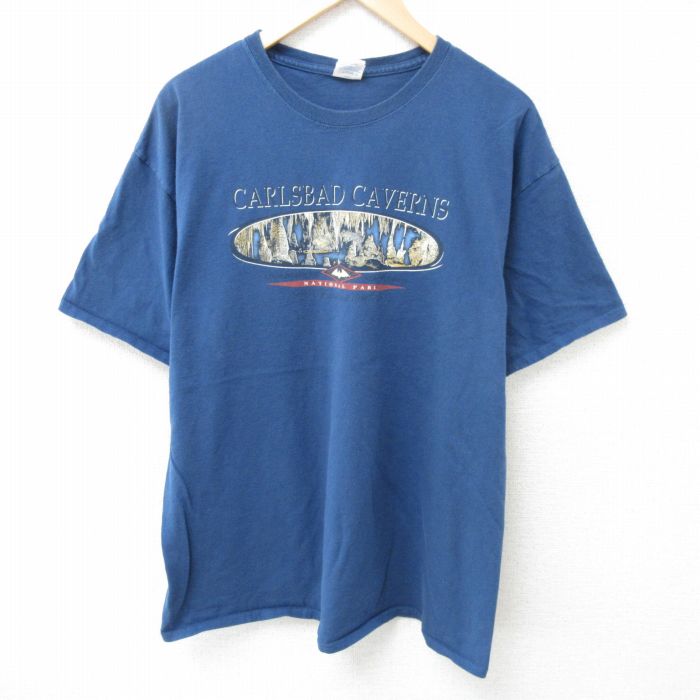 【20%OFF】XL★古着 半袖 Tシャツ メンズ カールズバッド洞窟 コットン クルーネック 紺 ネイビー 25jun05 中古