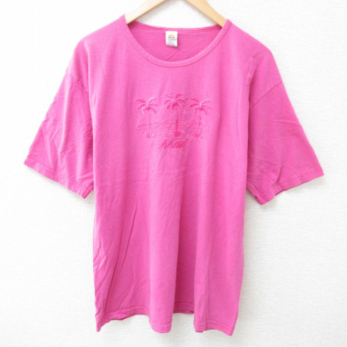 L★古着 半袖 Tシャツ メンズ マウイ 刺繍 コットン クルーネック 濃ピンク 25jun05 中古