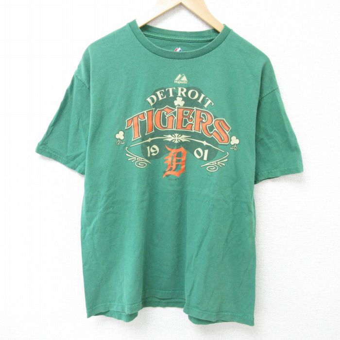 L★古着 マジェスティック 半袖 Tシャツ メンズ MLB デトロイトタイガース コットン クルーネック 緑 グリーン メジャーリーグ ベースボール 野球 25jun05 中古