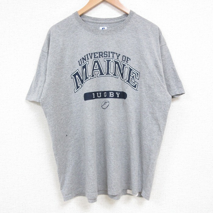 XL★古着 ラッセル 半袖 Tシャツ メンズ MAINE 大学 クルーネック グレー 霜降り 25may17 中古