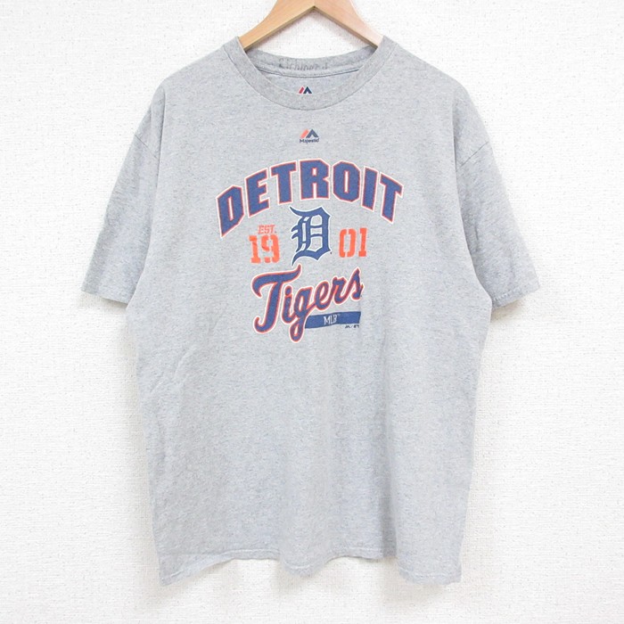 L★古着 マジェスティック 半袖 Tシャツ メンズ MLB デトロイトタイガース クルーネック グレー 霜降り メジャーリーグ ベースボール 野球 25may17 中古
