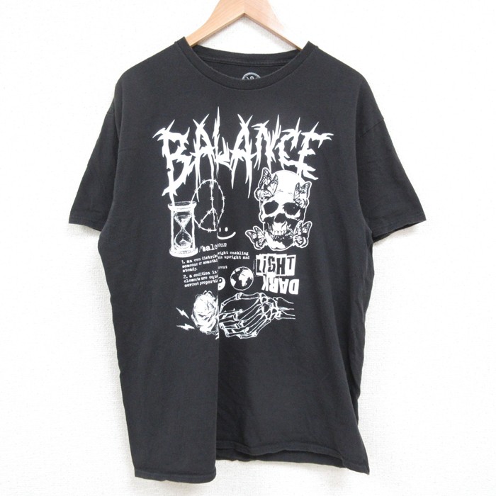 L★古着 半袖 Tシャツ メンズ スカル コットン クルーネック 黒 ブラック 25may17 中古