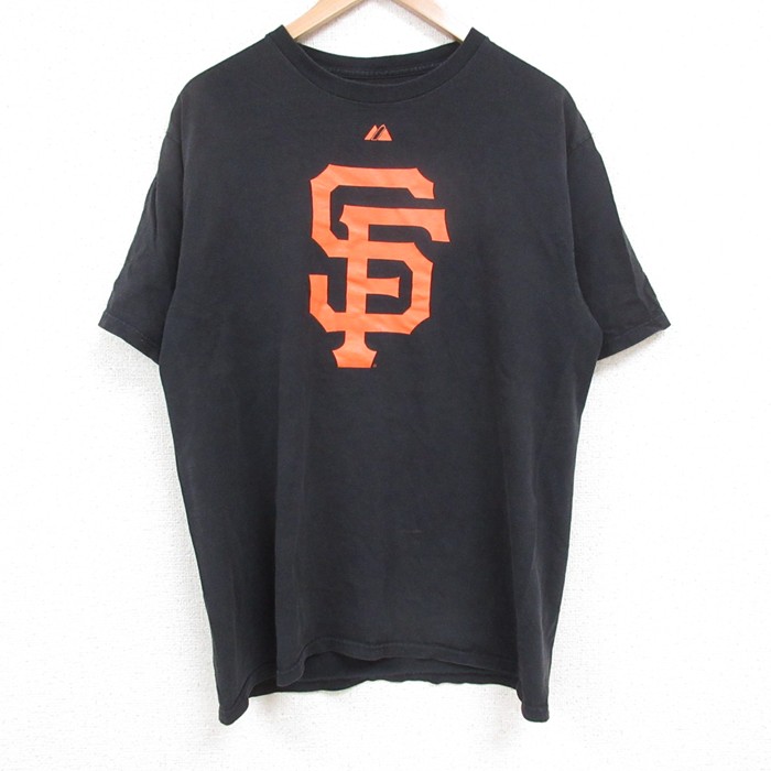 L★古着 マジェスティック 半袖 Tシャツ メンズ MLB ニューヨークジャイアンツ コットン クルーネック 黒 ブラック メジャーリーグ ベースボール 野球 25may17 中古