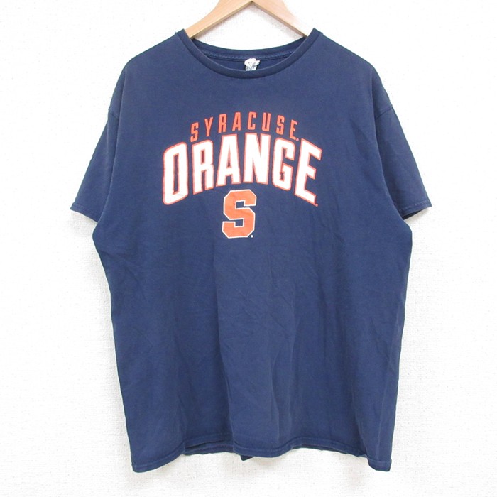 【50%OFF】XL★古着 半袖 Tシャツ メンズ シラキュースオレンジ コットン クルーネック 紺 ネイビー 25may17 中古