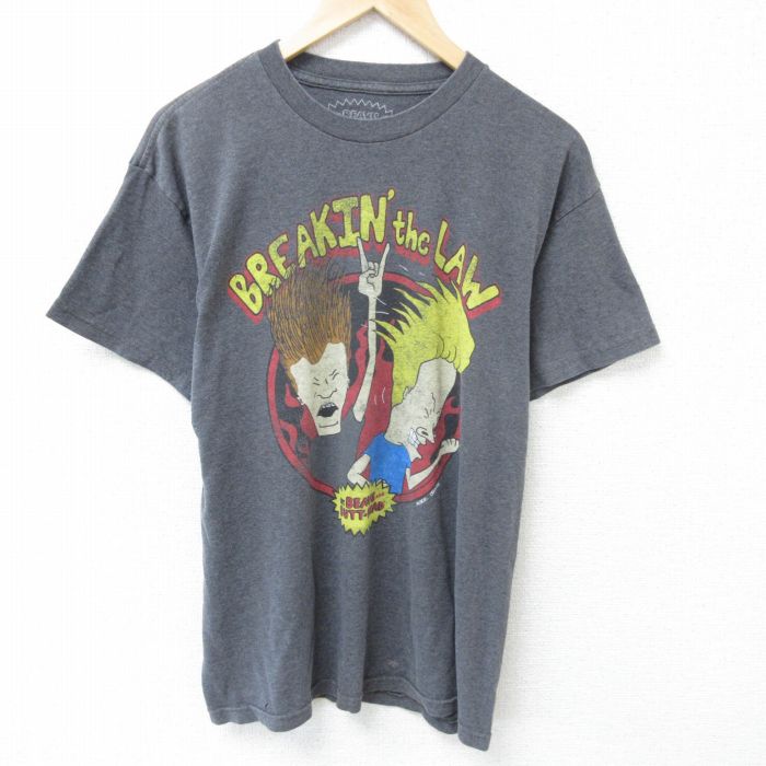 L★古着 半袖 Tシャツ メンズ ビーバスアンドヘッド クルーネック 濃グレー 霜降り 25may16 中古