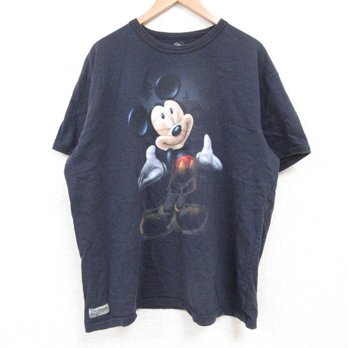 XL★古着 半袖 Tシャツ メンズ ディズニー DISNEY ミッキー MICKEY MOUSE 大きいサイズ コットン クルーネック 紺 ネイビー 25may19 中古
