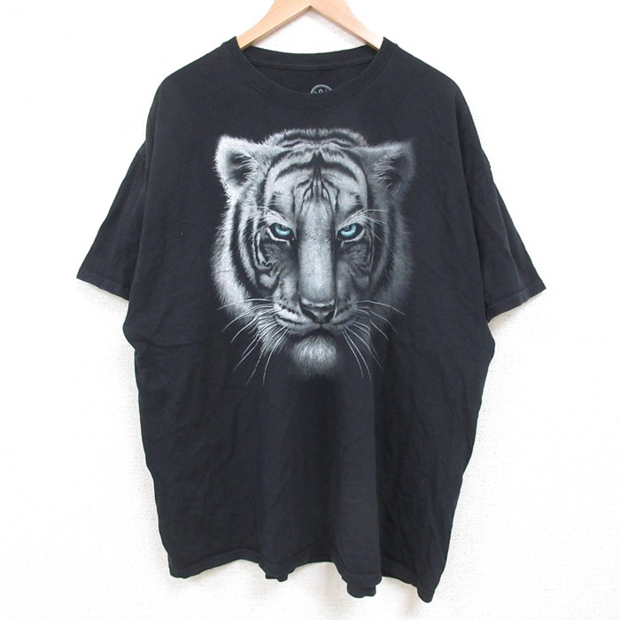 XL★古着 半袖 Tシャツ メンズ トラ 大きいサイズ コットン クルーネック 黒 ブラック 25may19 中古