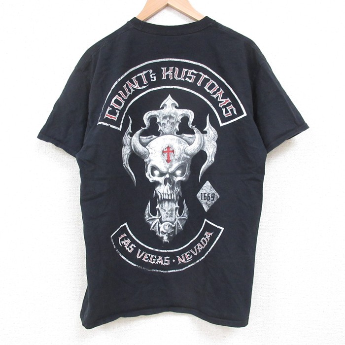 L★古着 半袖 Tシャツ メンズ スカル コットン クルーネック 黒 ブラック 25may19 中古