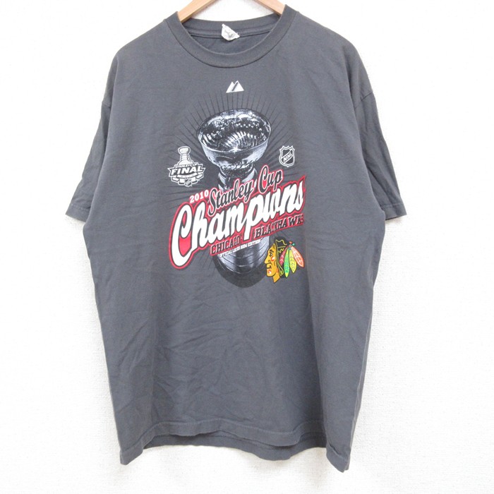 【20%OFF】XL★古着 半袖 Tシャツ メンズ NHL シカゴブラックホークス コットン クルーネック 濃グレー アイスホッケー 25may19 中古