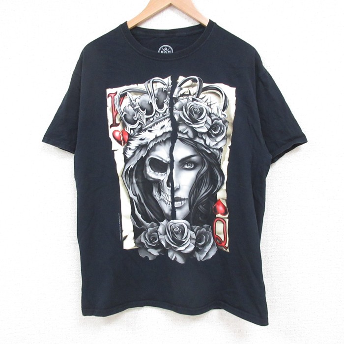 M★古着 半袖 Tシャツ メンズ スカル コットン クルーネック 黒 ブラック 25may19 中古