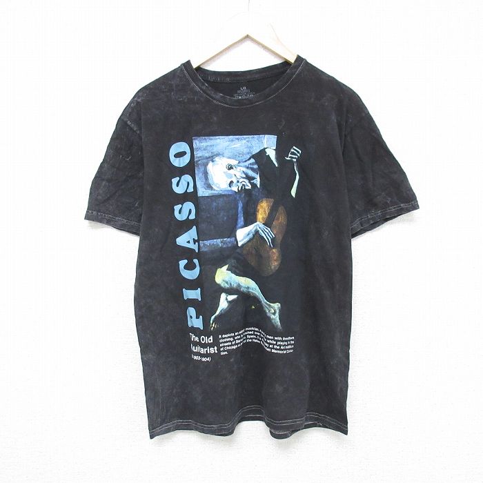 L★古着 半袖 Tシャツ メンズ ピカソ アート コットン クルーネック 黒他 ブラック ブリーチ加工 【spe】 25may21 中古