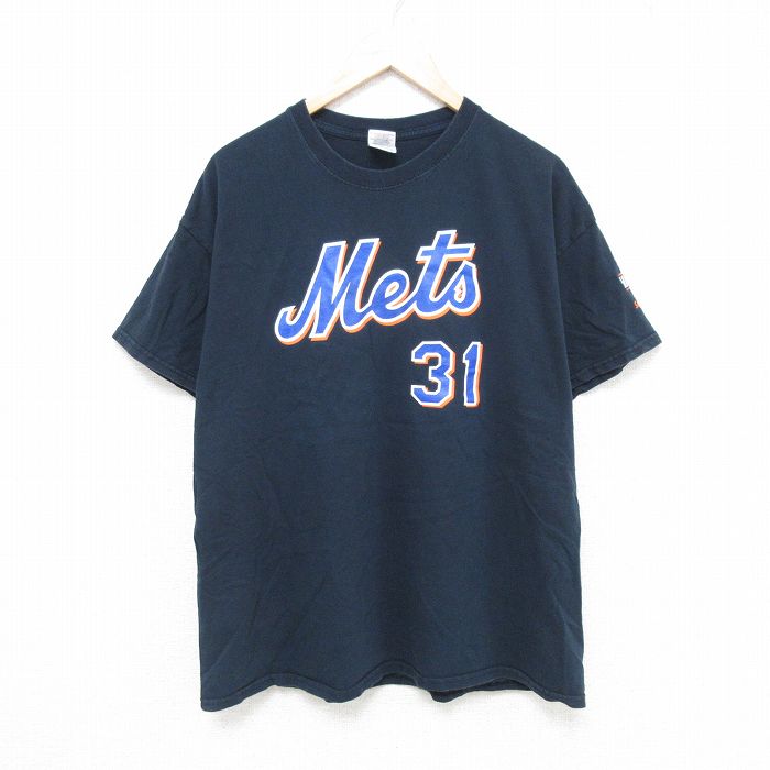 XL★古着 半袖 Tシャツ メンズ MLB ニューヨークメッツ マイクピアザ 31 コットン クルーネック 紺 ネイビー メジャーリーグ ベースボール 野球 25may21 中古